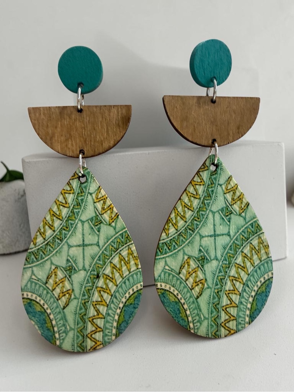 Teal & Green Patterned Wooden Teardrop Earrings